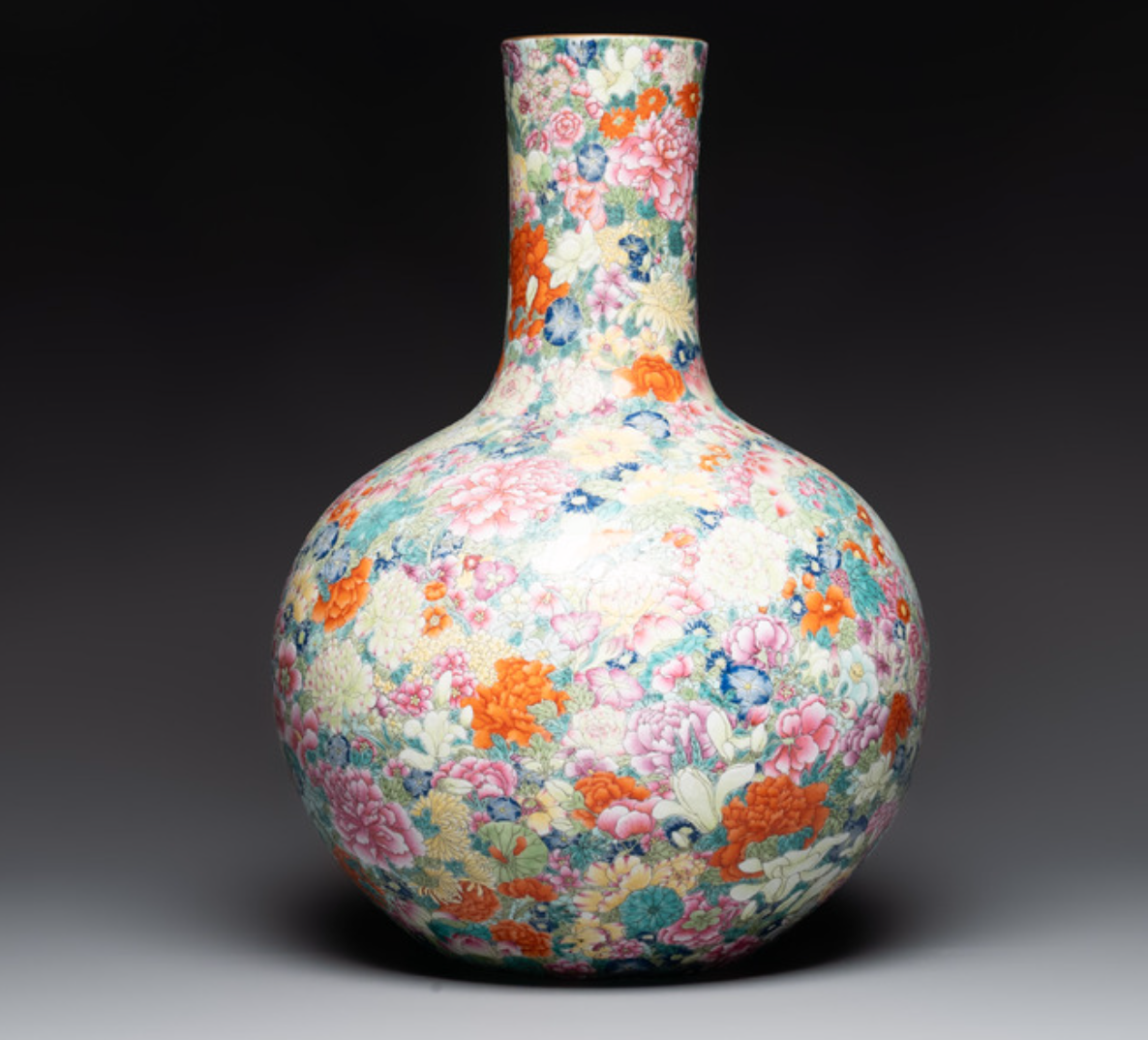 A large Chinese famille rose 'millefleurs' 'tianqiuping' vase